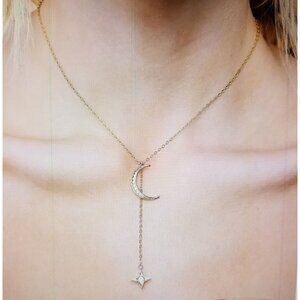 Lili Claspe Lariat Necklace Silver Plated Brass Rope the Moon & Star CZ Crystal